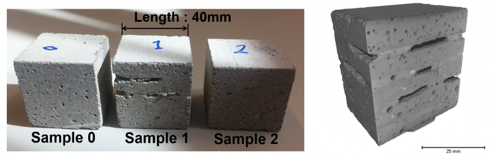 Fig. 4 Specimens with insulations (left) and µ-CT image of Sample 1 with anisotropic insulations (right).